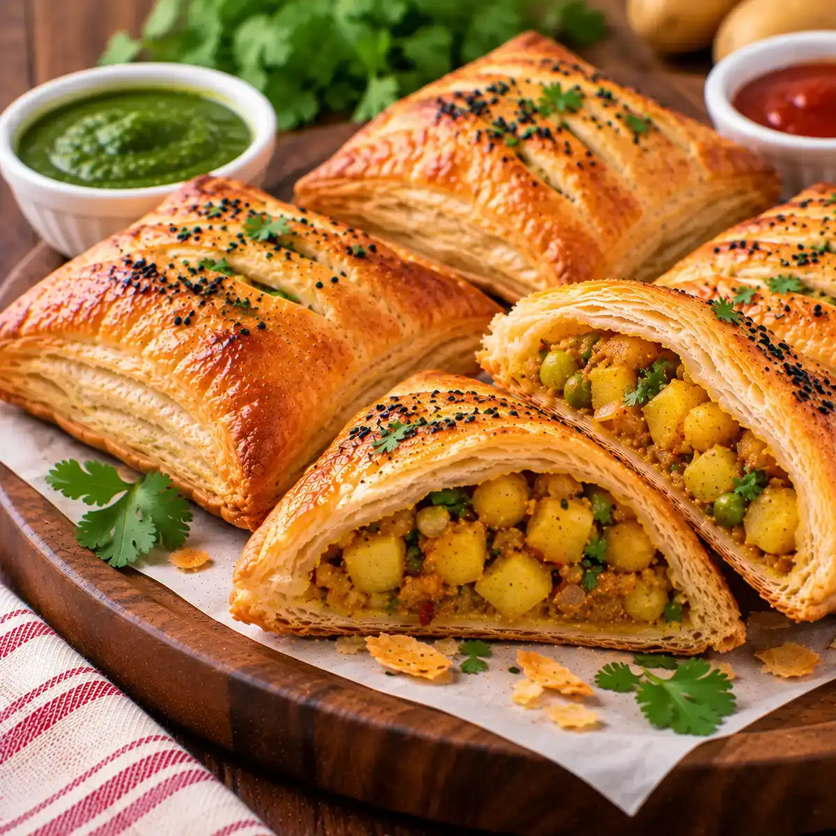 Aloo Puff — Golden, flaky puff pastry encases a warmly spiced potato filling at Apna Bazar - Eatery